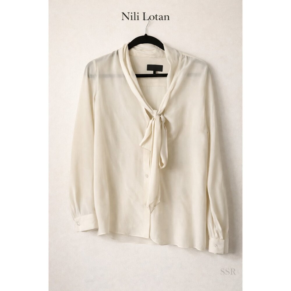Nili Lotan Colt Ivory Silk Tie Neck Blouse Long Sleeve Made USA 100% Silk - Picture 7 of 7